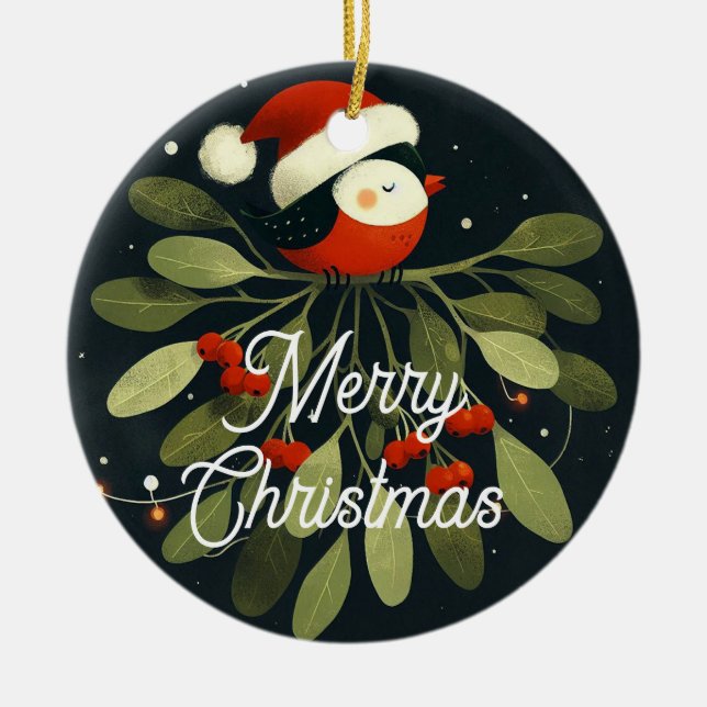 Ornamento De Cerâmica Bebê Foto de Natal Mistletoe Robin Wreath (Frente)
