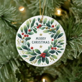 Ornamento De Cerâmica Bebê Foto de Natal Mistletoe Wreath