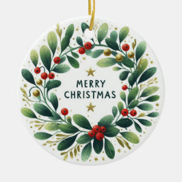 Ornamento De Cerâmica Bebê Foto de Natal Mistletoe Wreath