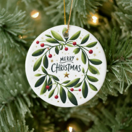 Ornamento De Cerâmica Bebê Foto de Natal Mistletoe Wreath