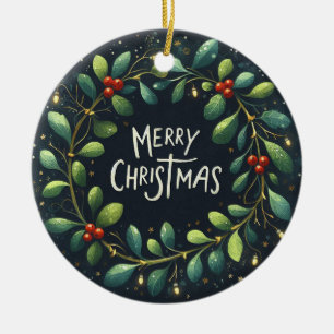 Ornamento De Cerâmica Bebê Foto de Natal Mistletoe Wreath