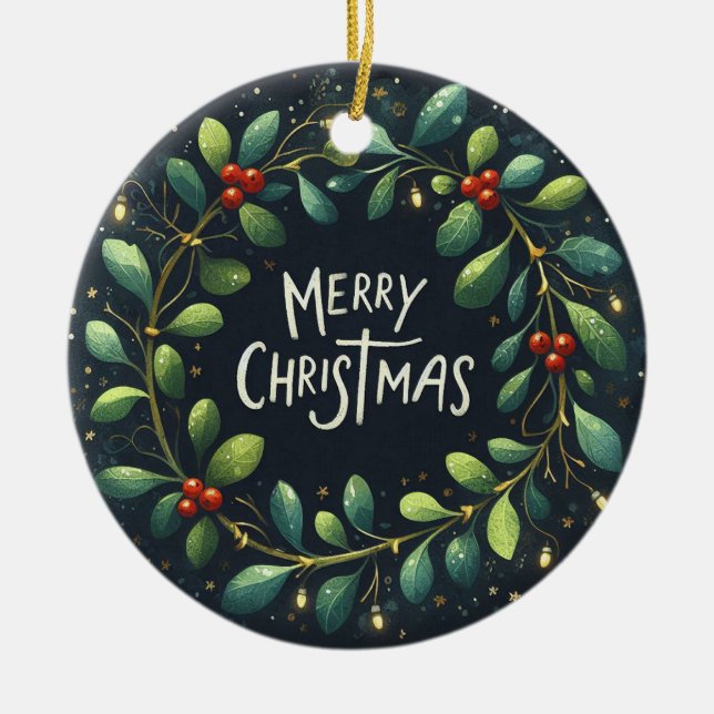 Ornamento De Cerâmica Bebê Foto de Natal Mistletoe Wreath (Frente)