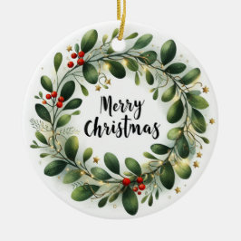 Ornamento De Cerâmica Bebê Foto de Natal Mistletoe Wreath