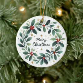 Ornamento De Cerâmica Bebê Foto de Natal Mistletoe Wreath