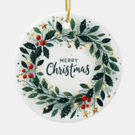 Ornamento De Cerâmica Bebê Foto de Natal Mistletoe Wreath