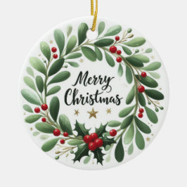 Ornamento De Cerâmica Bebê Foto de Natal Mistletoe Wreath