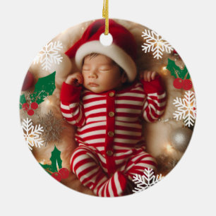 Ornamento De Cerâmica Bebê Foto de Natal Mistletosoflocos de Neve