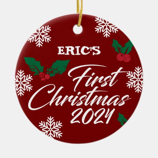 Ornamento De Cerâmica Bebê Foto de Natal Mistletosoflocos de Neve (Frente)