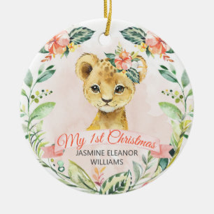 Ornamento De Cerâmica Bebê Garota Leão Cubo Watercolor Nome Personaliz