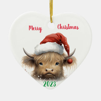 Ornamento De Cerâmica Bebê Highland Vaca com chapéu de Santa