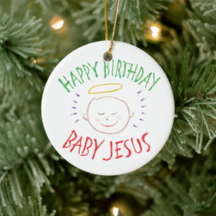 Ornamento De Cerâmica Bebê Jesus do feliz aniversario - Natal religioso