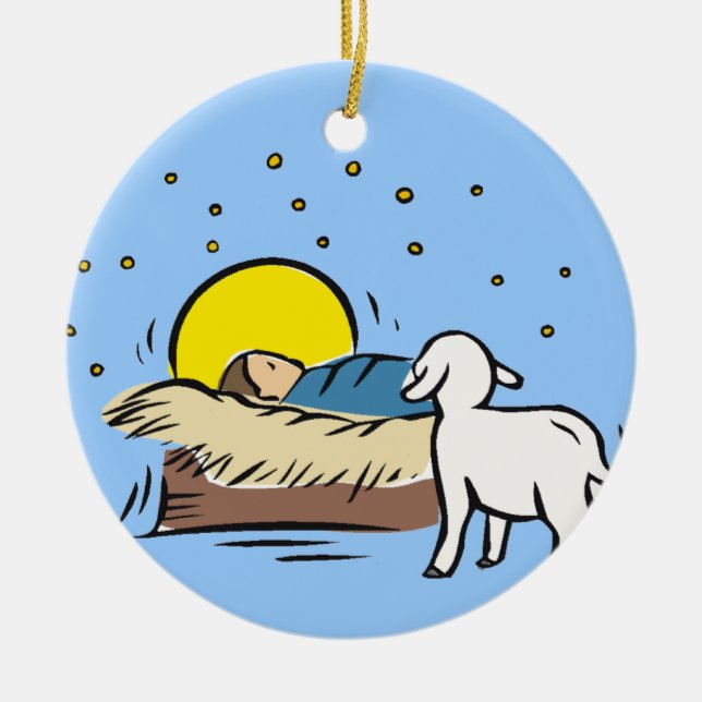 Ornamento De Cerâmica Bebê Jesus em um comedoiro (Frente)