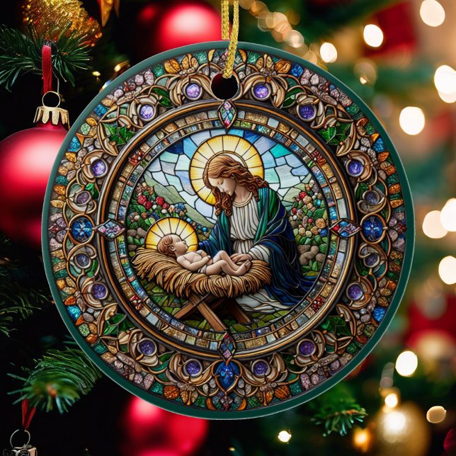 Ornamento De Cerâmica Bebê Jesus Mary Adicione Nome e Data Natal (Criador carregado)