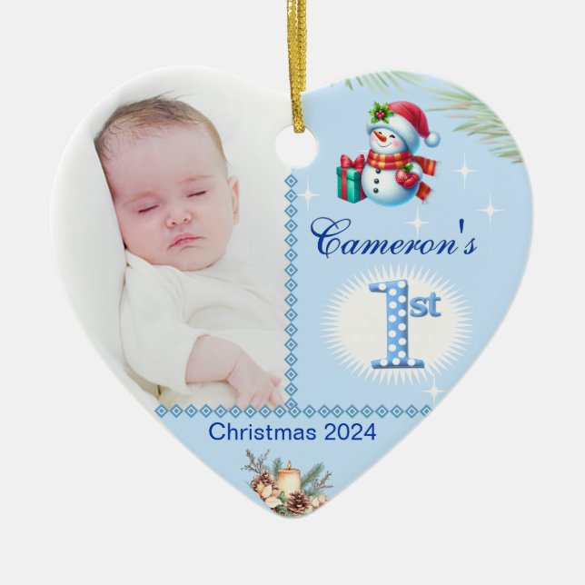 Ornamento De Cerâmica Bebê Menino Primeiro Natal Personalizado Presente  (Frente)