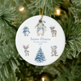 Ornamento De Cerâmica Bebê Meu 1º Natal Personalizado Floresta Azul
