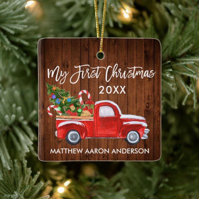 Ornamento De Cerâmica Bebê Meu Primeiro Natal Caminhão de Madeira Vermel (Árvore)