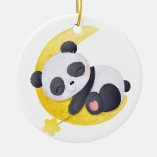 Ornamento De Cerâmica Bebê Panda Adormecido na Lua Aquarela
