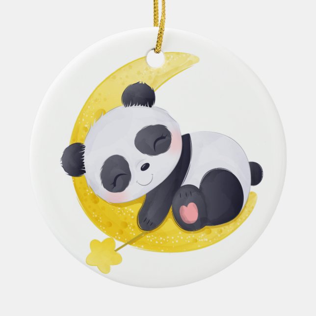 Ornamento De Cerâmica Bebê Panda Adormecido na Lua Aquarela (Frente)