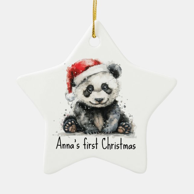 Ornamento De Cerâmica bebê panda vestindo chapéu de natal, personalizáve (Frente)