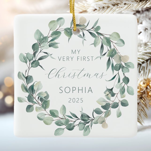 Ornamento De Cerâmica Bebê Personalizado 1rua Natal Eucalyptus Wreath (Criador carregado)