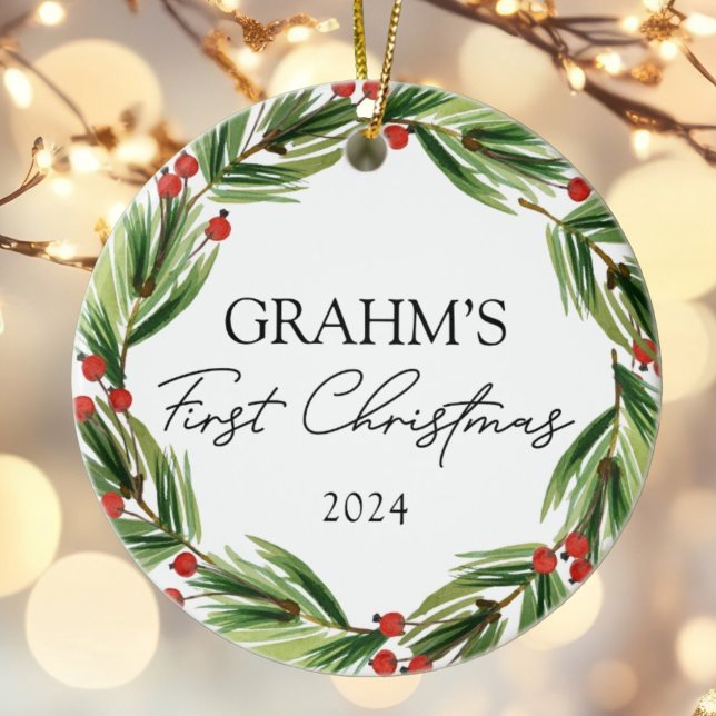 Ornamento De Cerâmica Bebê Personalizado Primeiro Natal Festivo Wreath (Criador carregado)