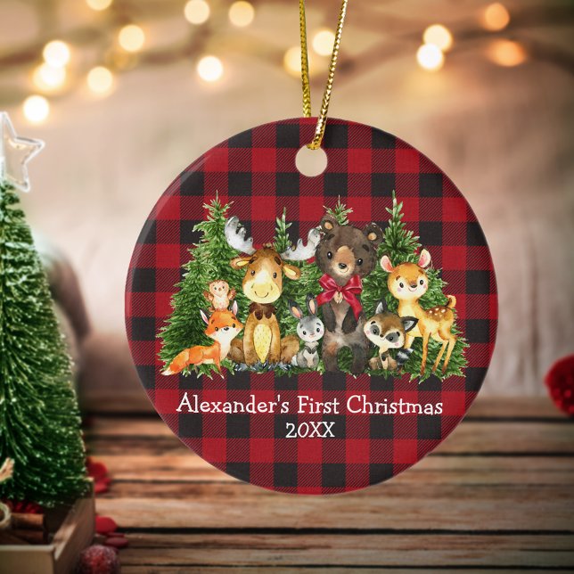 Ornamento De Cerâmica Bebê Primeira Floresta de Natal Xadrez Vermelha (Customize with name and year.)