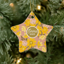 Ornamento De Cerâmica Bebê, primeiro feriado floral amarelo-rosa