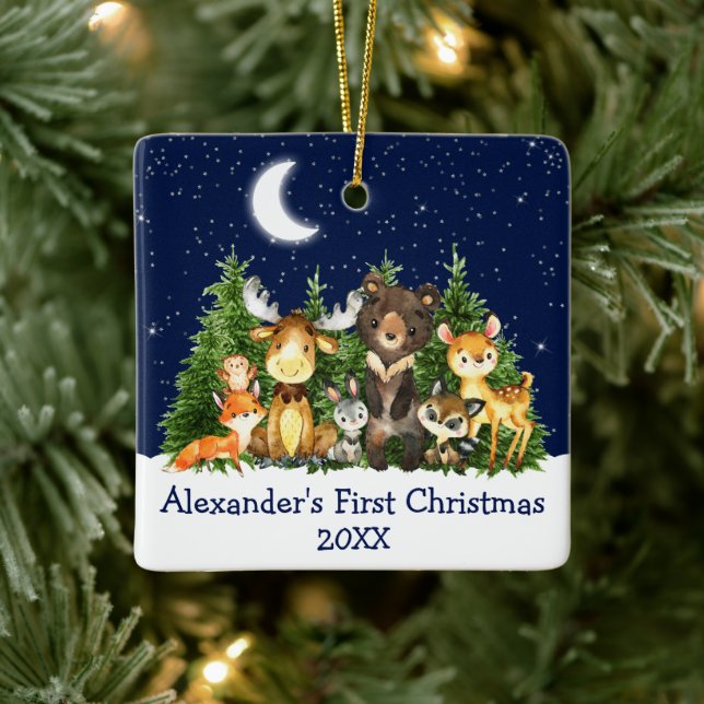 Ornamento De Cerâmica Bebê Primeiro Natal Animais de Floresta Azul (Árvore)