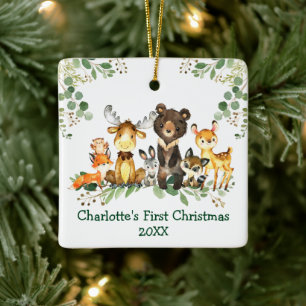 Ornamento De Cerâmica Bebê Primeiro Natal Animais Florestais Greeneresc
