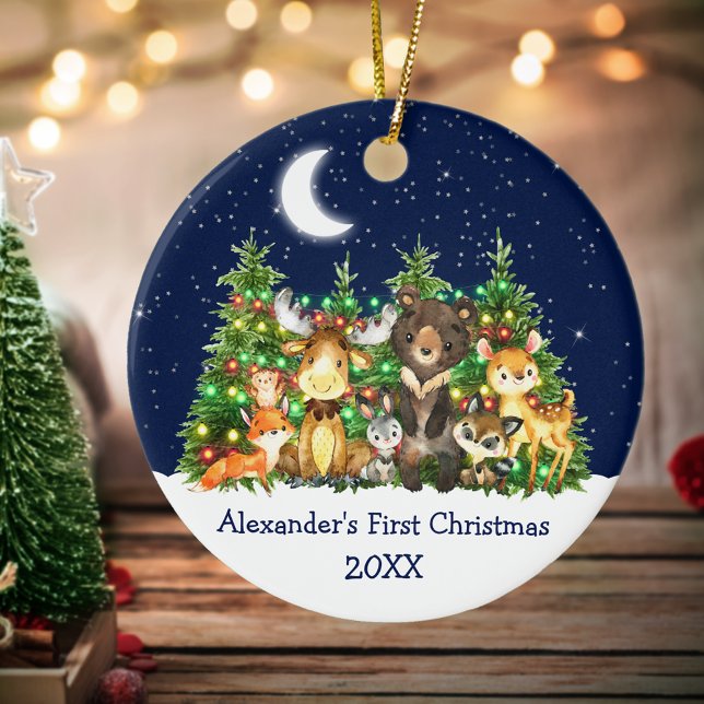 Ornamento De Cerâmica Bebê Primeiro Natal Animais Florestas Luzes Céu (Customize with name and year.)