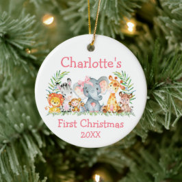 Ornamento De Cerâmica Bebê Primeiro Natal Animais Safari Rosa Arco