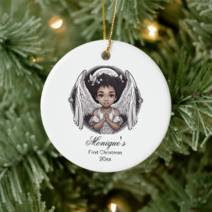 Ornamento De Cerâmica Bebê Primeiro Natal Anjo Negro