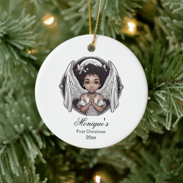 Ornamento De Cerâmica Bebê Primeiro Natal Anjo Negro (Árvore)