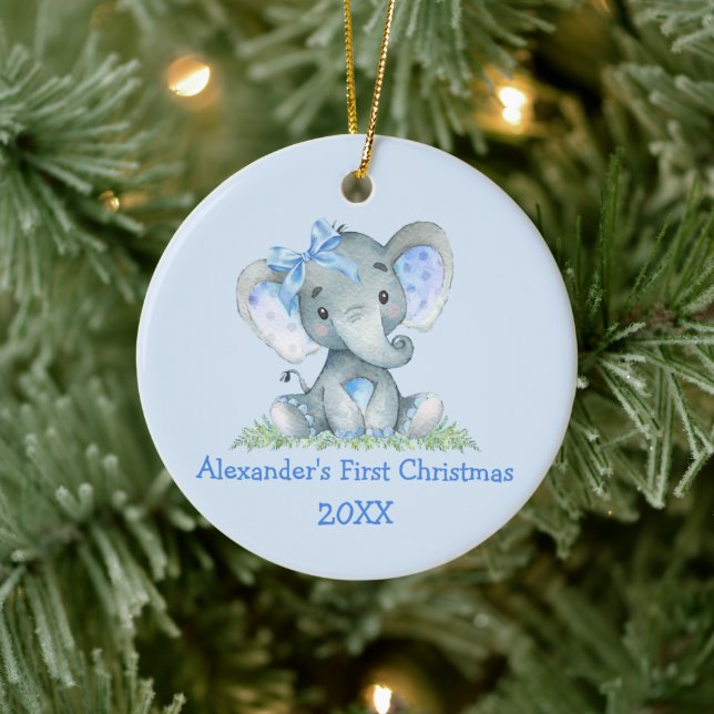 Ornamento De Cerâmica Bebê Primeiro Natal Aquarela Elefante Arco Azul (Árvore)