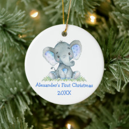 Ornamento De Cerâmica Bebê Primeiro Natal Aquarela Elefante Azul