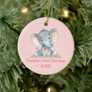 Ornamento De Cerâmica Bebê Primeiro Natal Aquarela Elefante Rosa