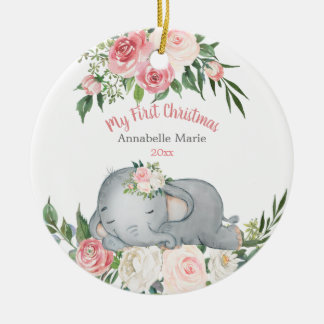Ornamento De Cerâmica Bebê Primeiro Natal Blush Rosa Elefante