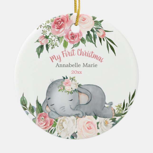 Ornamento De Cerâmica Bebê Primeiro Natal Blush Rosa Elefante (Frente)