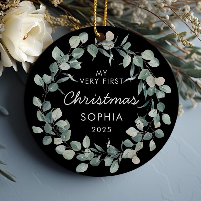 Ornamento De Cerâmica Bebê Primeiro Natal Eucalyptus Wreath Black (Criador carregado)