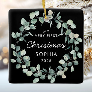 Ornamento De Cerâmica Bebê Primeiro Natal Eucalyptus Wreath Black