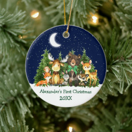 Ornamento De Cerâmica Bebê Primeiro Natal Floresta Animais Arco Verde