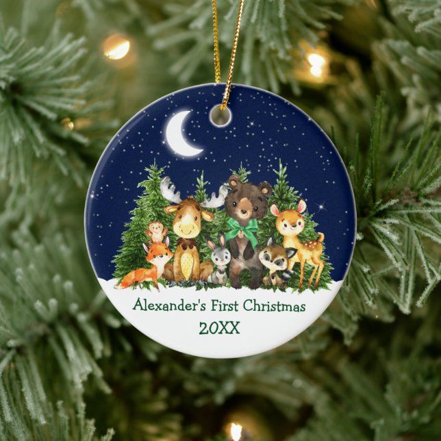 Ornamento De Cerâmica Bebê Primeiro Natal Floresta Animais Arco Verde (Árvore)