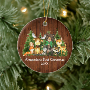 Ornamento De Cerâmica Bebê Primeiro Natal Floresta de Madeira Animais A