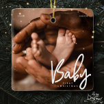 Ornamento De Cerâmica Bebê Primeiro Natal Foto Chic Moderna Elegante<br><div class="desc">Design é composto por tipografia quic moderna com sans serif e serif font. Adicione uma foto personalizada de bebê e ano.</div>