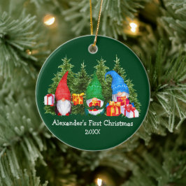 Ornamento De Cerâmica Bebê Primeiro Natal Gnomos de Aquarela Verde