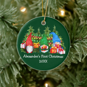 Ornamento De Cerâmica Bebê Primeiro Natal Luz Gnomos Verde