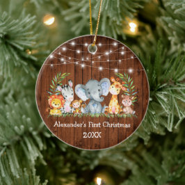 Ornamento De Cerâmica Bebê Primeiro Natal Madeira Luz Safari Animais