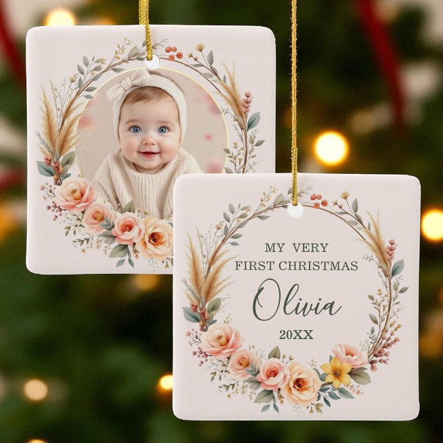 Ornamento De Cerâmica Bebê Primeiro Natal Pampas Grass Grass Boho (Criador carregado)