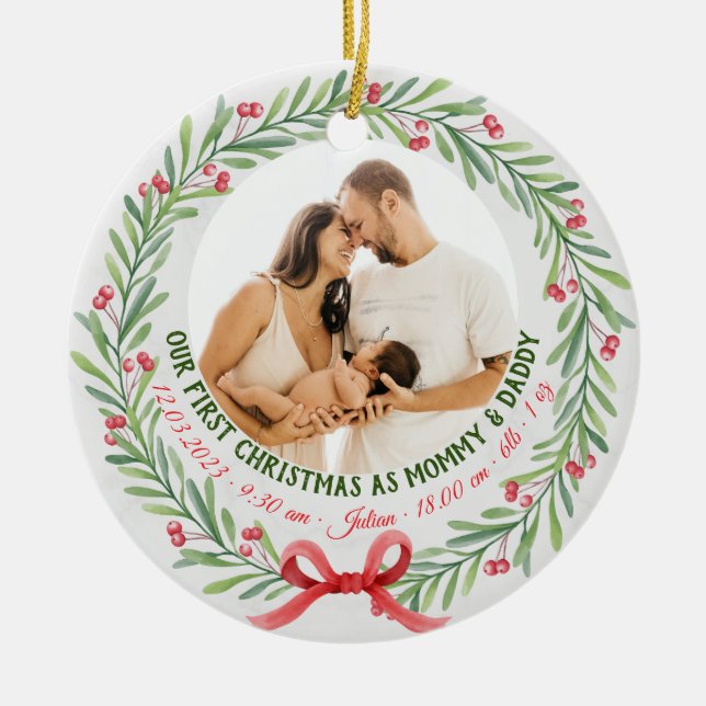 Ornamento De Cerâmica Bebê Primeiro Natal Personalizado com 2 Fotografia (Frente)