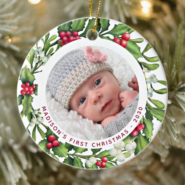 Ornamento De Cerâmica Bebê Primeiro Natal Personalize 2 Foto Mistletoe (Criador carregado)